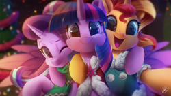 Size: 2000x1125 | Tagged: safe, artist:light262, starlight glimmer, sunset shimmer, twilight sparkle, twilight sparkle (alicorn), alicorn, pony, unicorn, c:, cape, cheek fluff, christmas, christmas tree, clothes, cute, daaaaaaaaaaaw, ear fluff, female, fluffy, glimmerbetes, happy, hnnng, holiday, hug, leg fluff, looking at you, mare, one eye closed, open mouth, right neighborhood, scarf, selfie, shimmerbetes, side hug, smiling, sparkles, sweater, tree, trio, twiabetes, wink