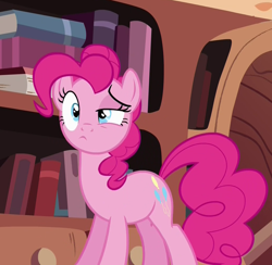 Size: 1028x1004 | Tagged: safe, screencap, pinkie pie, earth pony, pony, pinkie apple pie, confused, golden oaks library, solo