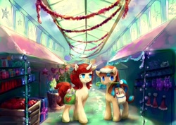 Size: 1200x848 | Tagged: safe, artist:crystal-chima, fluttershy, oc, earth pony, pegasus, pony, unicorn, candy, candy cane, christmas, commission, duo focus, female, food, hat, holiday, mare, random pony, saddle bag, santa hat, shopping, standing