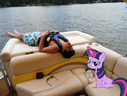 Size: 2592x1944 | Tagged: safe, artist:chatterbeast, derpibooru import, twilight sparkle, unicorn twilight, human, pony, unicorn, boat, irl, irl human, magic, photo, ponies in real life, sleeping