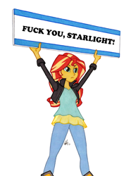 Size: 950x1278 | Tagged: safe, artist:manly man, edit, sunset shimmer, equestria girls, drama, exploitable meme, female, implied starlight glimmer, meme, op is a cuck, op is trying to start shit, out of character, sign, solo, starlight drama, sunset's board, vulgar