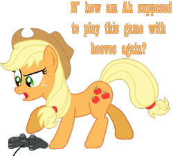 Size: 1024x921 | Tagged: safe, artist:gutovi, applejack, earth pony, pony, playstation, simple background, solo, text