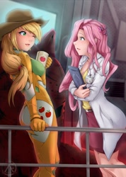 Size: 642x900 | Tagged: safe, artist:animeflux, applejack, fluttershy, appleshy, clothes, crossover, female, humanized, lesbian, neon genesis evangelion, shipping