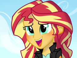 Size: 800x600 | Tagged: safe, artist:haden-2375, sunset shimmer, equestria girls, blushing, bust, clothes, cute, daaaaaaaaaaaw, female, jacket, leather jacket, open mouth, portrait, shimmerbetes, smiling, solo