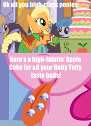 Size: 500x687 | Tagged: safe, edit, edited screencap, screencap, applejack, cloud kicker, hoity toity, lightning bolt, lyra heartstrings, pinkie pie, white lightning, earth pony, pegasus, pony, the best night ever, cake, clothes, dress, female, gala dress, image macro, mare, pun, quote, tongue out, visual pun