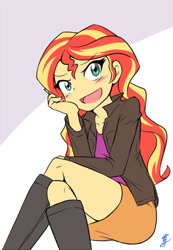 Size: 450x650 | Tagged: safe, artist:omoi, artist:sinrin8210, sunset shimmer, equestria girls, blushing, clothes, cute, explicit source, female, jacket, leather jacket, no more ponies at source, open mouth, pixiv, shimmerbetes, sitting, skirt, solo