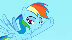 Size: 1430x804 | Tagged: safe, derpibooru import, screencap, rainbow dash, pegasus, pony, school daze, flying, smiling, solo