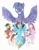 Size: 1024x1314 | Tagged: safe, artist:steveanime, derpibooru import, applejack, fluttershy, pinkie pie, rainbow dash, rarity, twilight sparkle, twilight sparkle (alicorn), alicorn, earth pony, pegasus, pony, unicorn, brutalight sparcake, demented six, elements of insanity, female, fluttershout, halloween, mane six, mare, palette swap, pinkamena diane pie, pinkis cupcake, rainbine, rarifruit, traditional art