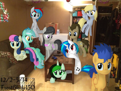 Size: 960x720 | Tagged: safe, artist:frostsentry150, bon bon, derpy hooves, dj pon-3, doctor whooves, flash sentry, lyra heartstrings, octavia melody, sweetie drops, vinyl scratch, oc, oc:jadeite, oc:twister, earth pony, pegasus, pony, background pony, background six, female, irl, mare, photo, ponies in real life, sitting lyra