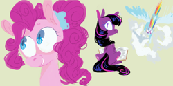 Size: 1240x621 | Tagged: safe, artist:sugaryboogary, derpibooru import, pinkie pie, rainbow dash, twilight sparkle, twilight sparkle (alicorn), alicorn, earth pony, pegasus, pony, female, mare