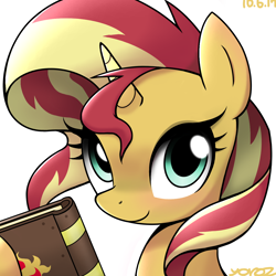 Size: 1284x1284 | Tagged: safe, artist:yorozpony, sunset shimmer, pony, unicorn, book, cute, female, looking at you, mare, shimmerbetes, solo