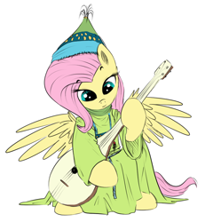 Size: 816x885 | Tagged: safe, artist:xioade, fluttershy, pegasus, pony, dombra, female, hat, islam, islamashy el fatih, kazakh, kazakhstan, lute, mare, simple background, solo, turkic, white background