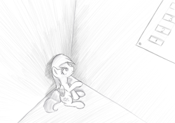 Size: 1000x703 | Tagged: safe, artist:scootiebloom, derpy hooves, pegasus, pony, elevator, female, mare, monochrome, solo