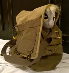Size: 825x865 | Tagged: safe, artist:zombies8mywaffle, derpy hooves, pegasus, pony, bag, cute, derpabetes, female, irl, mare, peekaboo, peeking, photo, plushie, pony in a bag, solo