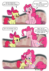 Size: 600x877 | Tagged: safe, artist:foudubulbe, apple bloom, pinkie pie, earth pony, pony, pinkie apple pie, comic, crying, duo, feels, harsher in hindsight, hilarious in hindsight, hug, orphan, sad, surrogate mother