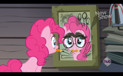 Size: 1280x800 | Tagged: safe, screencap, pinkie pie, earth pony, pony, pinkie apple pie, black bars, hub logo, mirror, mouth hold, reflection, solo, wings