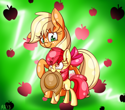 Size: 1700x1500 | Tagged: safe, artist:lemon-heartss, apple bloom, applejack, earth pony, pony, accessory theft, mouth hold, sisters
