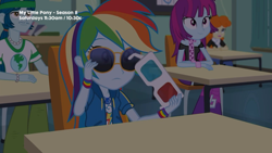 Size: 1280x720 | Tagged: safe, derpibooru import, screencap, captain planet, golden hazel, mystery mint, rainbow dash, better together, equestria girls, the last day of school, 3d glasses, background human, geode of super speed, glasses, magical geodes, sunglasses