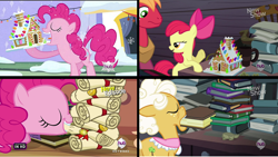 Size: 958x539 | Tagged: safe, screencap, apple bloom, big macintosh, goldie delicious, pinkie pie, earth pony, pony, hearth's warming eve (episode), pinkie apple pie, book, comparison, dust cat, female, filly, gingerbread house, hearth's warming eve, image macro, in which pinkie pie forgets how to gravity, jenga, male, mare, meme, pinkie being pinkie, pinkie physics, scroll, stallion