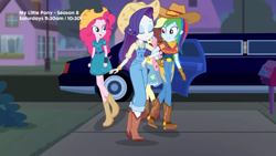 Size: 1366x768 | Tagged: safe, derpibooru import, screencap, pinkie pie, rainbow dash, rarity, better together, equestria girls, five to nine, clothes, cowgirl, cowgirl outfit, implied raridash, limousine, rarihick, shipping fuel