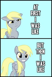 Size: 600x892 | Tagged: safe, derpy hooves, caption, delighted derpy meme, exploitable meme, image macro, meme, text