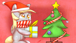 Size: 2560x1440 | Tagged: safe, artist:wolfy-pony, derpy hooves, pegasus, pony, christmas tree, clothes, female, hat, mare, present, santa hat, scarf, solo, tree