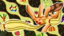 Size: 1000x571 | Tagged: safe, artist:ciscoql, applejack, earth pony, pony, carrot, cherry, corn, eggplant, orange, pear, pumpkin, solo, strawberry, watermelon, zap apple