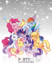 Size: 600x851 | Tagged: safe, artist:jannel300, applejack, fluttershy, pinkie pie, rainbow dash, rarity, starlight glimmer, twilight sparkle, twilight sparkle (alicorn), alicorn, earth pony, pegasus, pony, unicorn, book cover, colored pupils, cover, eyes closed, female, group shot, happy, hat, mane six, mare, party hat