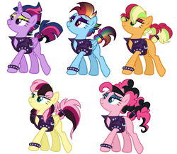 Size: 959x832 | Tagged: safe, artist:guzzlord, derpibooru import, applejack, fluttershy, pinkie pie, rainbow dash, twilight sparkle, twilight sparkle (alicorn), alicorn, earth pony, pegasus, pony, alternate hairstyle, clothes, dyed mane, eyeshadow, jacket, leather jacket, makeup, punk, raripunk, simple background, spiked wristband, tail bracelet, transparent background, wristband