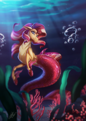 Size: 1767x2500 | Tagged: safe, artist:light262, sunset shimmer, siren, cloven hooves, colored hooves, female, looking at you, signature, sirenified, smiling, solo, species swap, sunset siren, underwater, water