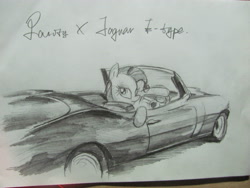 Size: 3648x2736 | Tagged: safe, artist:lililioon, rarity, pony, unicorn, car, jaguar (car), jaguar e-type, monochrome, solo, traditional art, vehicle