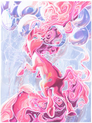Size: 1000x1333 | Tagged: safe, artist:fleebites, pinkie pie, earth pony, pony, balloon, confetti, daily deviation, long mane, long tail, solo, traditional art, windswept mane