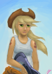 Size: 698x983 | Tagged: safe, artist:244705, applejack, clothes, female, humanized, solo