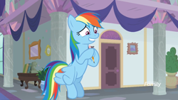 Size: 1920x1080 | Tagged: safe, derpibooru import, screencap, rainbow dash, pegasus, pony, school daze, cute, dashabetes, flying, hooves together, nervous, nervous grin, school, solo, upright