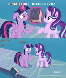 Size: 872x1024 | Tagged: safe, screencap, starlight glimmer, twilight sparkle, twilight sparkle (alicorn), alicorn, pony, school daze, book, eea rulebook, water