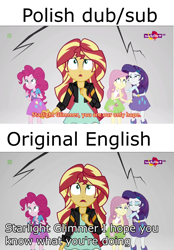 Size: 1916x2756 | Tagged: safe, edit, edited screencap, screencap, fluttershy, pinkie pie, rarity, sunset shimmer, equestria girls, mirror magic, spoiler:eqg specials, comparison, dubbing, english, geode of empathy, magical geodes, poland, polish, subtitles, teletoon