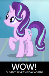 Size: 394x605 | Tagged: safe, edit, edited screencap, screencap, starlight glimmer, pony, unicorn, school daze, blatant lies, drama, grammar error, here we go again, image macro, meme, op is a cuck, op is trying to start shit, please stop, raised hoof, solo, starlight drama, wow! glimmer