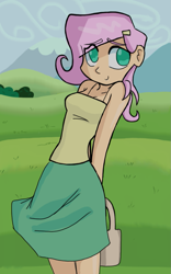 Size: 707x1131 | Tagged: safe, artist:chaos-flare44, fluttershy, human, clothes, humanized, light skin, skirt, solo