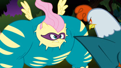 Size: 1920x1080 | Tagged: safe, edit, edited screencap, screencap, fluttershy, saddle rager, cockatrice, pegasus, pony, power ponies (episode), stare master, flutterhulk, meme, power ponies