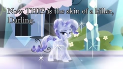 Size: 1280x720 | Tagged: safe, edit, edited screencap, screencap, rarity, pony, unicorn, the crystal empire, alternate hairstyle, bedroom eyes, caption, catty, crystal rarity, crystallized, grin, image macro, meme, shaming, skin of a killer, solo, twilight (series)