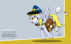 Size: 1920x1200 | Tagged: safe, artist:fuzon-s, derpy hooves, pegasus, pony, crossover, female, flying, happy, hat, letter, mail, mailbag, mailmare, mailpony, mare, muffin, pony channel, smiling, solo, sonic channel, sonic the hedgehog (series), style emulation, wallpaper, yuji uekawa style