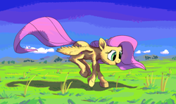 Size: 1888x1121 | Tagged: safe, artist:danielpon, fluttershy, pegasus, pony, flying, grass, solo, spread wings