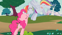 Size: 1024x576 | Tagged: safe, artist:princessmarceline2, derpibooru import, pinkie pie, rainbow dash, earth pony, pegasus, pony, eyes closed, female, jpg artifacts, kissing, lesbian, photoshop, pinkiedash, shipping, tree