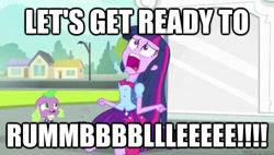 Size: 625x356 | Tagged: safe, derpibooru import, edit, edited screencap, screencap, spike, twilight sparkle, dog, equestria girls, equestria girls (movie), boxing, duo, exploitable meme, image macro, meme, michael buffer, parody, quote, spike the dog, twiscream, wrestling