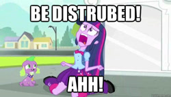 Size: 625x356 | Tagged: safe, derpibooru import, edit, edited screencap, screencap, spike, twilight sparkle, dog, equestria girls, equestria girls (movie), be disturbed button, duo, exploitable meme, image macro, meme, misspelling, nostalgia critic, parody, quote, spike the dog, the cell, twiscream