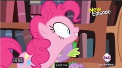 Size: 766x425 | Tagged: safe, screencap, pinkie pie, earth pony, pony, pinkie apple pie, hub logo, meme, pinkie pie is god, youtube caption