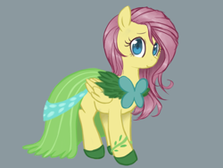 Size: 800x600 | Tagged: safe, artist:xarakayx, fluttershy, pegasus, pony, ask flutterstalker, clothes, dress, female, flutterstalker, folded wings, gala dress, gray background, mare, simple background, solo, tumblr