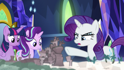 Size: 1280x720 | Tagged: safe, screencap, rarity, starlight glimmer, twilight sparkle, twilight sparkle (alicorn), alicorn, pony, unicorn, school daze, continuity, cutie map, female, klugetown