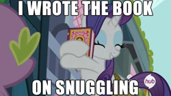 Size: 1280x720 | Tagged: safe, edit, edited screencap, screencap, rarity, spike, dragon, pony, unicorn, inspiration manifestation, book, hub logo, image macro, imma snuggle you, meme, snuggling