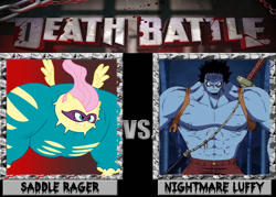 Size: 1008x720 | Tagged: safe, fluttershy, saddle rager, pegasus, pony, death battle, exploitable meme, meme, monkey d luffy, nightmare luffy, one piece, power ponies